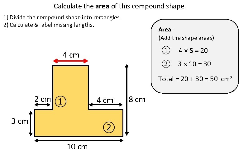 Calculate the area of this compound shape. 1) Divide the compound shape into rectangles.