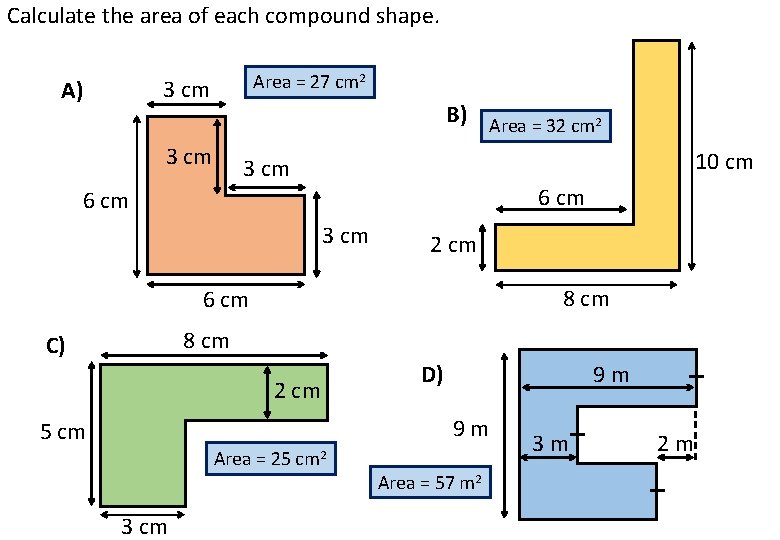 Calculate the area of each compound shape. Area = 27 cm 2 3 cm