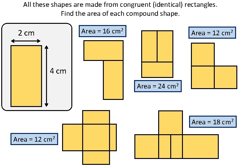 All these shapes are made from congruent (identical) rectangles. Find the area of each