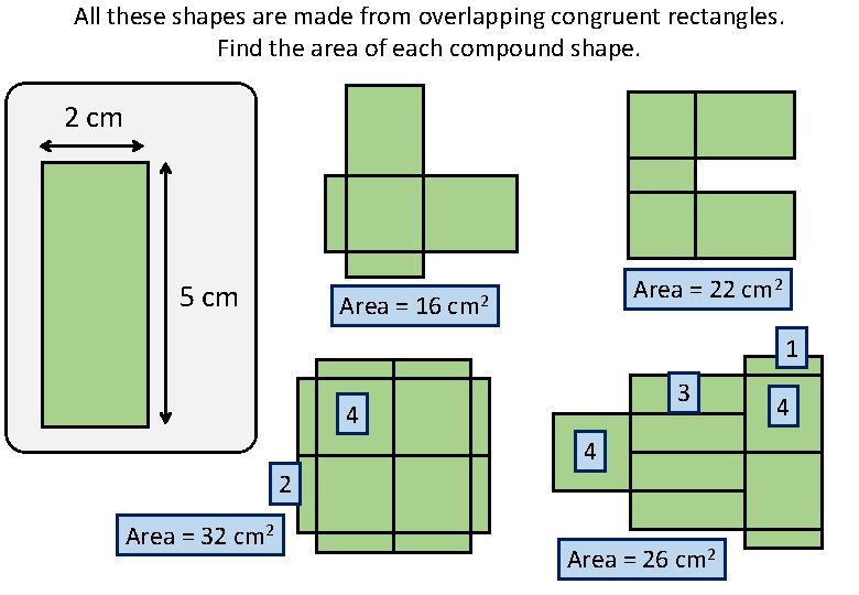 All these shapes are made from overlapping congruent rectangles. Find the area of each