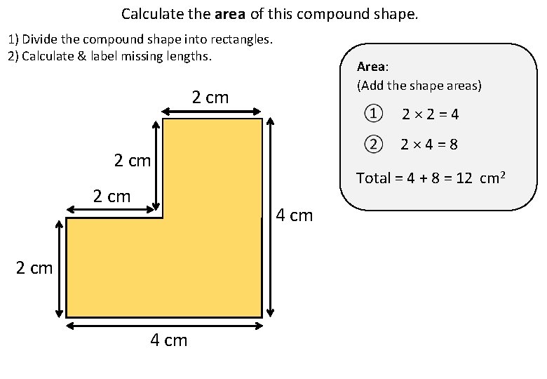 Calculate the area of this compound shape. 1) Divide the compound shape into rectangles.