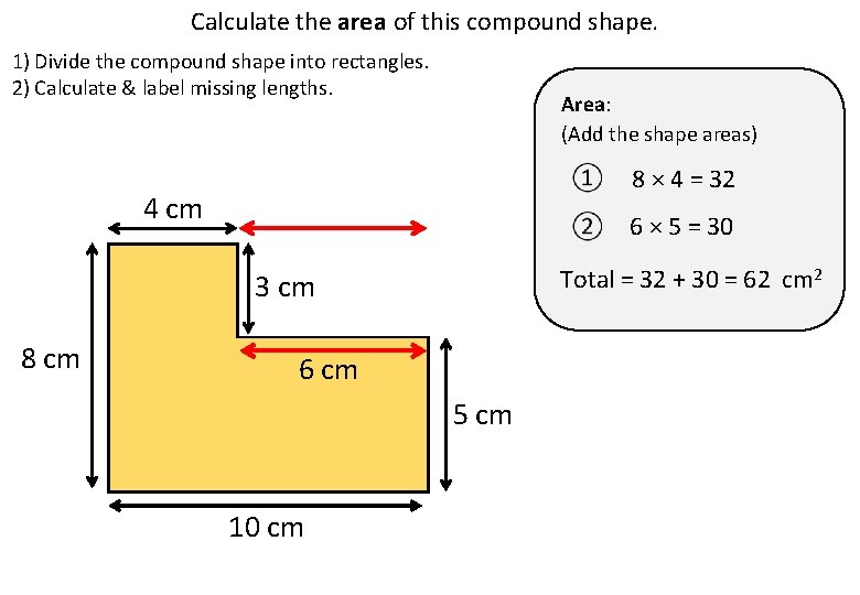 Calculate the area of this compound shape. 1) Divide the compound shape into rectangles.