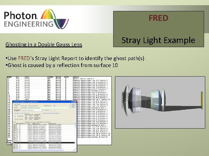 FRED Ghosting in a Double Gauss Lens Stray Light Example • Use FRED’s Stray