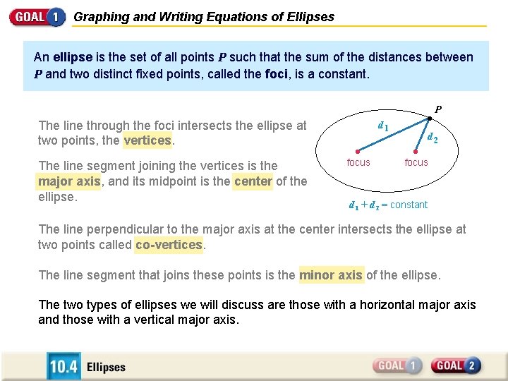Graphing and Writing Equations of Ellipses An ellipse is the set of all points