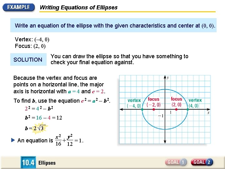 Writing Equations of Ellipses Write an equation of the ellipse with the given characteristics