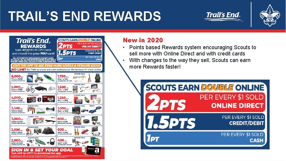 TRAIL’S END REWARDS New in 2020 • Points based Rewards system encouraging Scouts to