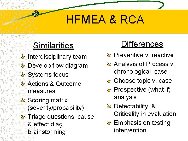 HFMEA & RCA Similarities Interdisciplinary team Develop flow diagram Systems focus Actions & Outcome