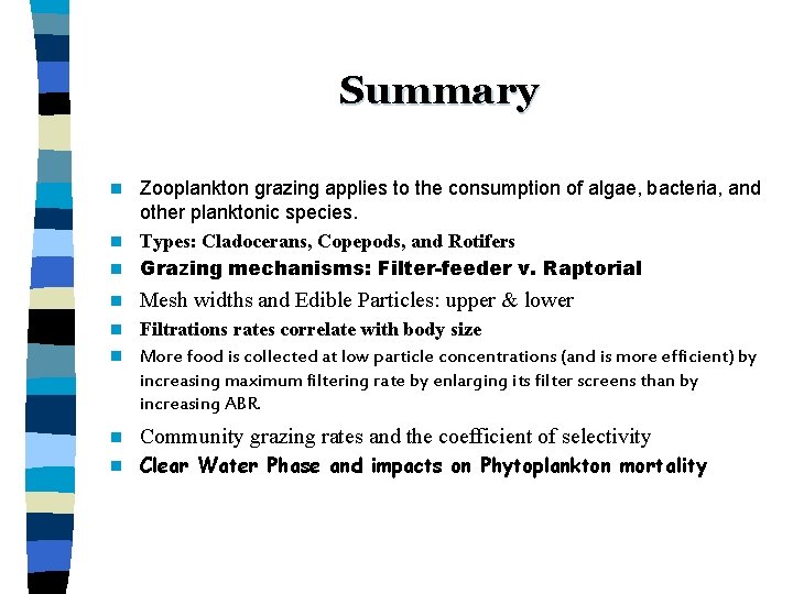 Summary Zooplankton grazing applies to the consumption of algae, bacteria, and other planktonic species.
