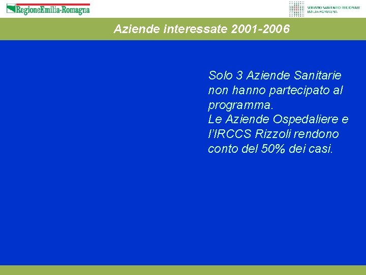 Aziende interessate 2001 -2006 Solo 3 Aziende Sanitarie non hanno partecipato al programma. Le