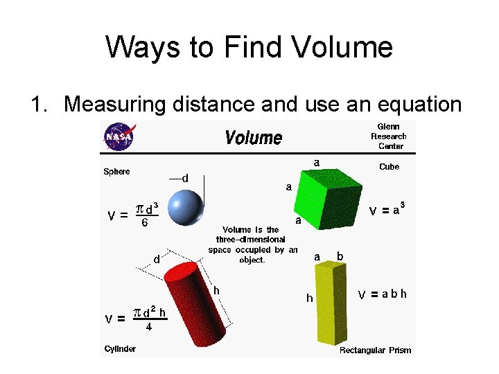 Ways to Find Volume 1. Measuring distance and use an equation 