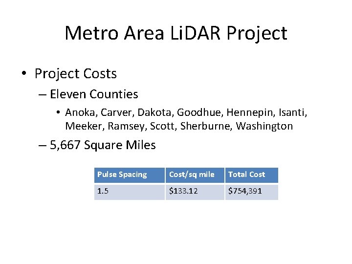 Metro Area Li. DAR Project • Project Costs – Eleven Counties • Anoka, Carver,