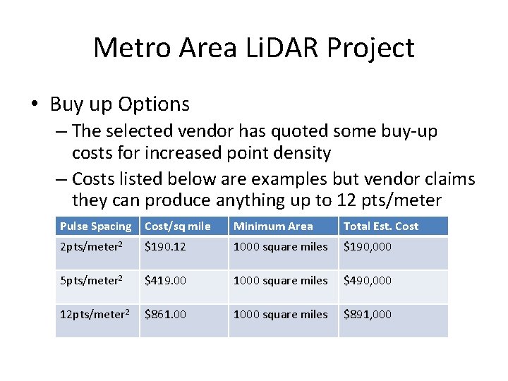 Metro Area Li. DAR Project • Buy up Options – The selected vendor has