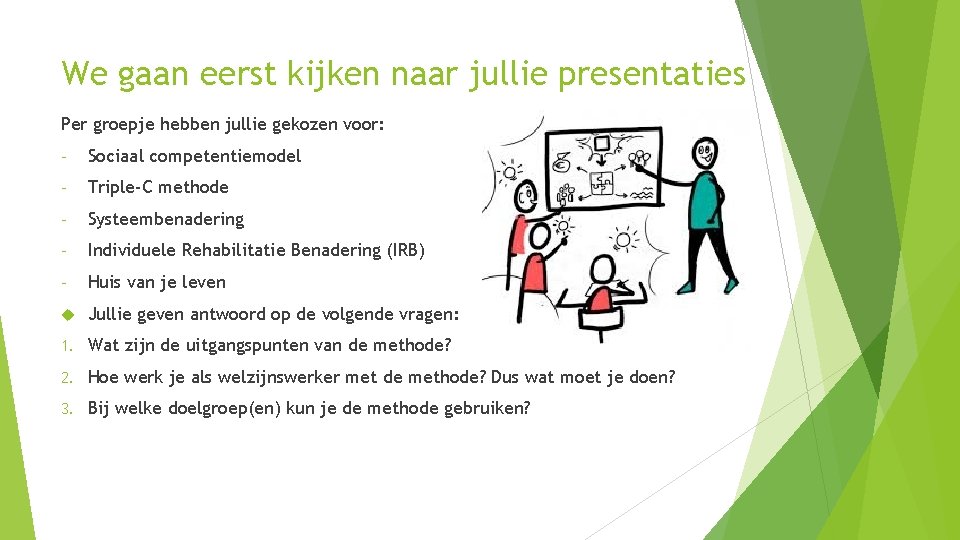 We gaan eerst kijken naar jullie presentaties Per groepje hebben jullie gekozen voor: -