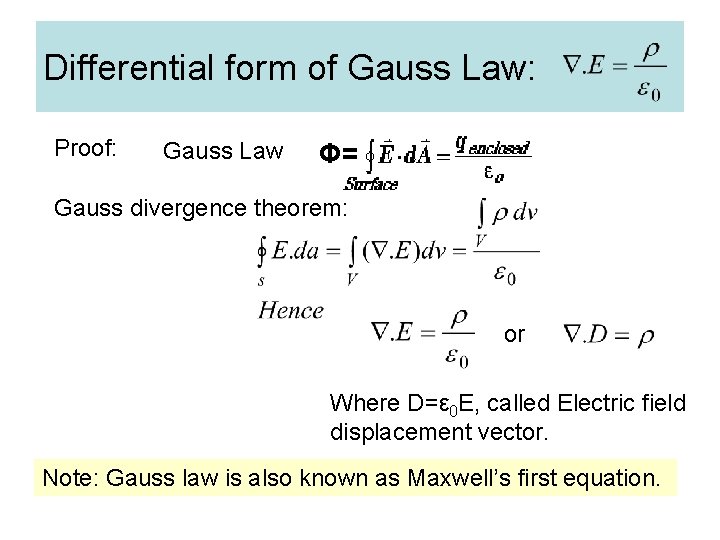 Differential form of Gauss Law: Proof: Gauss Law Φ= Gauss divergence theorem: or Where