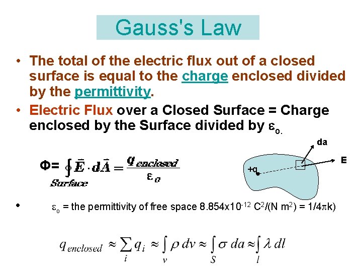 Gauss's Law • The total of the electric flux out of a closed surface