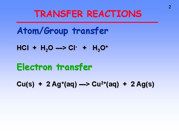 TRANSFER REACTIONS Atom/Group transfer HCl + H 2 O ---> Cl- + H 3