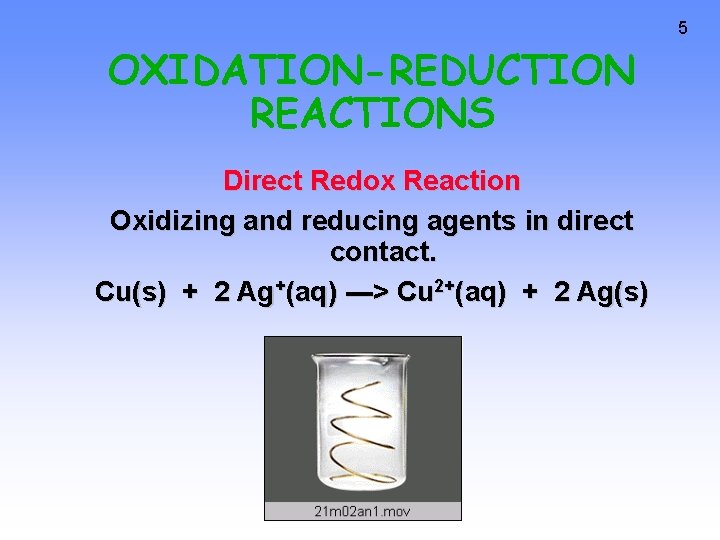 5 OXIDATION-REDUCTION REACTIONS Direct Redox Reaction Oxidizing and reducing agents in direct contact. Cu(s)