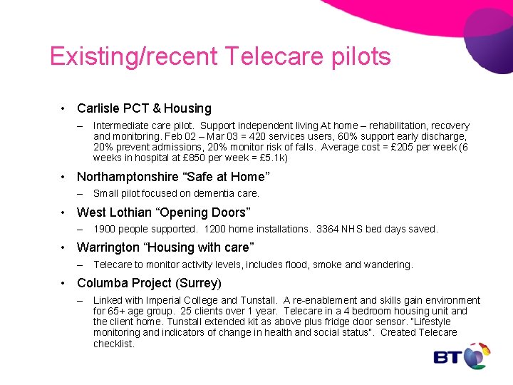Existing/recent Telecare pilots • Carlisle PCT & Housing – Intermediate care pilot. Support independent