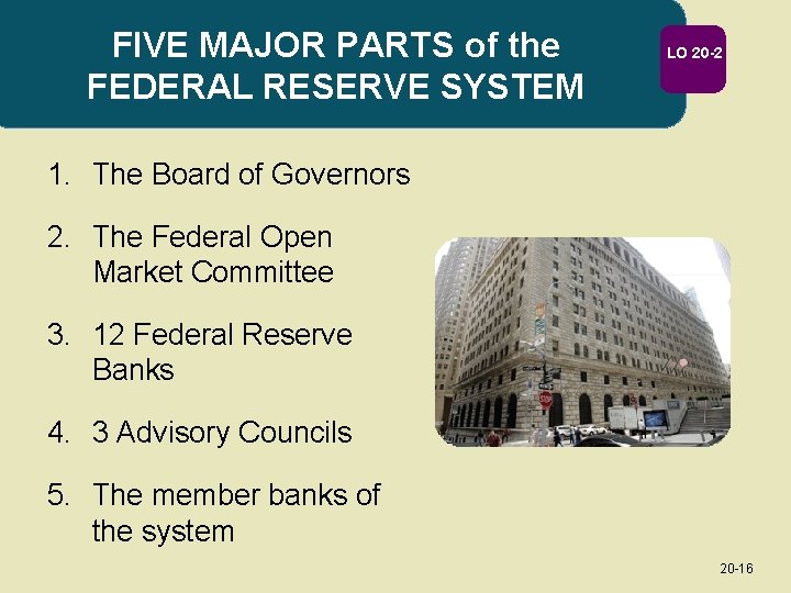 FIVE MAJOR PARTS of the FEDERAL RESERVE SYSTEM LO 20 -2 1. The Board