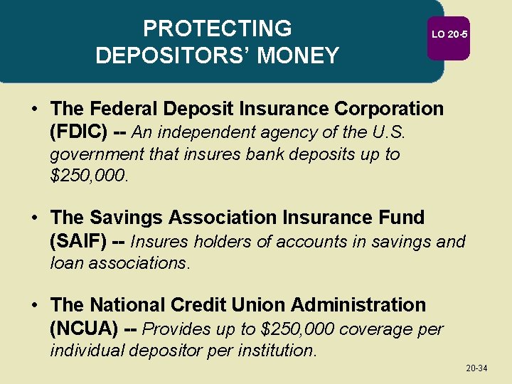 PROTECTING DEPOSITORS’ MONEY LO 20 -5 • The Federal Deposit Insurance Corporation (FDIC) --