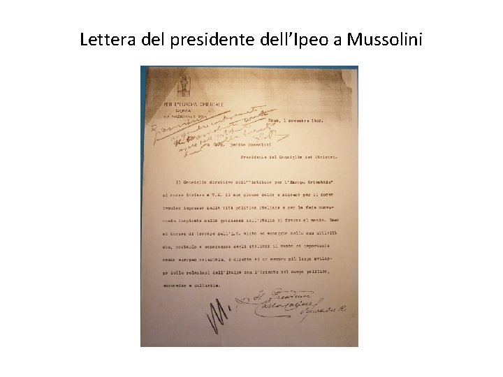 Lettera del presidente dell’Ipeo a Mussolini 