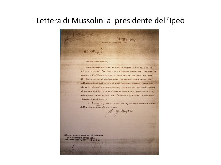 Lettera di Mussolini al presidente dell’Ipeo 