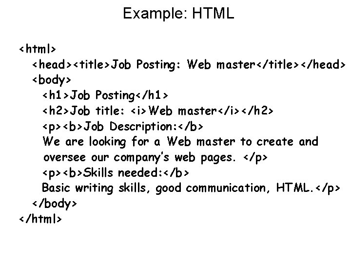 Example: HTML <html> <head><title>Job Posting: Web master</title></head> <body> <h 1>Job Posting</h 1> <h 2>Job