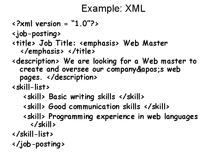 Example: XML <? xml version = “ 1. 0”? > <job-posting> <title> Job Title: