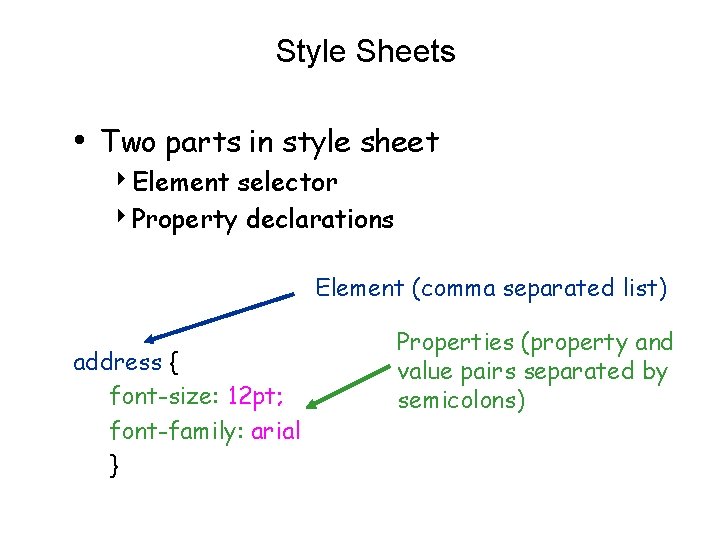 Style Sheets • Two parts in style sheet 4 Element selector 4 Property declarations