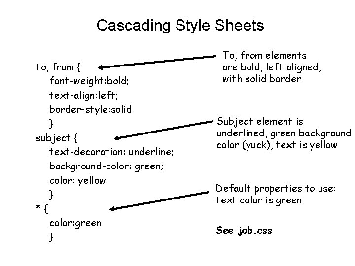 Cascading Style Sheets to, from { font-weight: bold; text-align: left; border-style: solid } subject