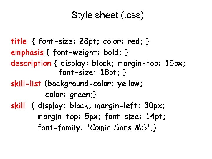 Style sheet (. css) title { font-size: 28 pt; color: red; } emphasis {