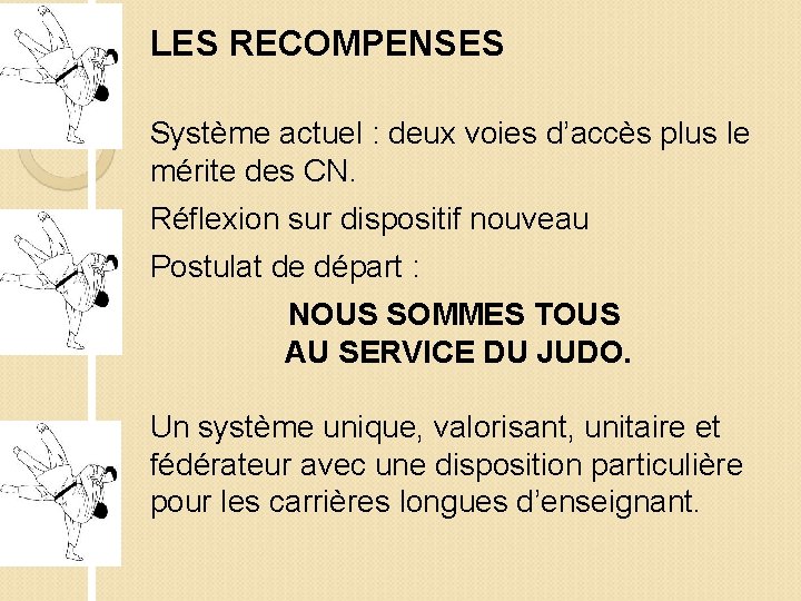 LES RECOMPENSES Système actuel : deux voies d’accès plus le mérite des CN. Réflexion