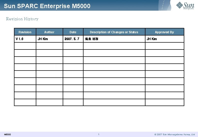 Sun SPARC Enterprise M 5000 Revision History Revision V 1. 0 M 5000 Author