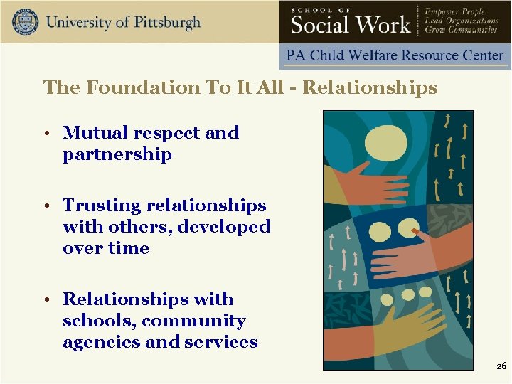 The Foundation To It All - Relationships • Mutual respect and partnership • Trusting