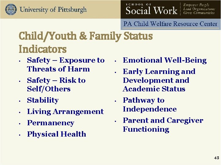 Child/Youth & Family Status Indicators • Safety – Exposure to Threats of Harm •