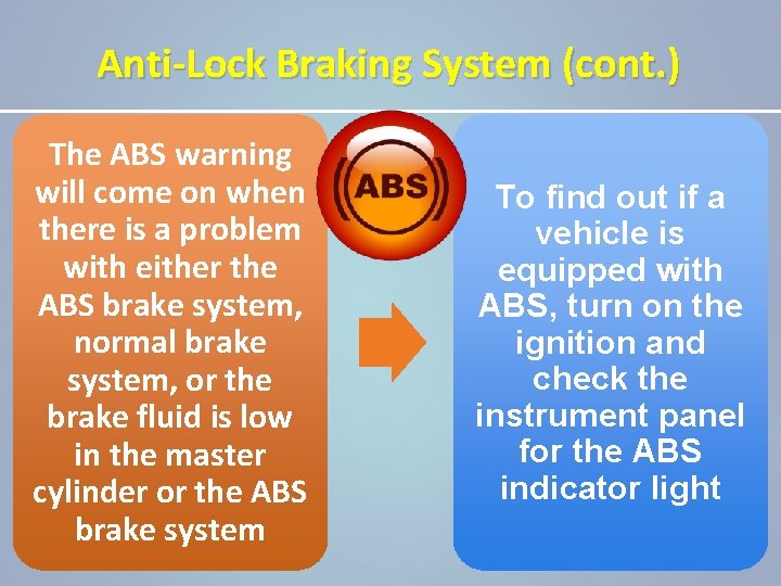 Anti-Lock Braking System (cont. ) The ABS warning will come on when there is