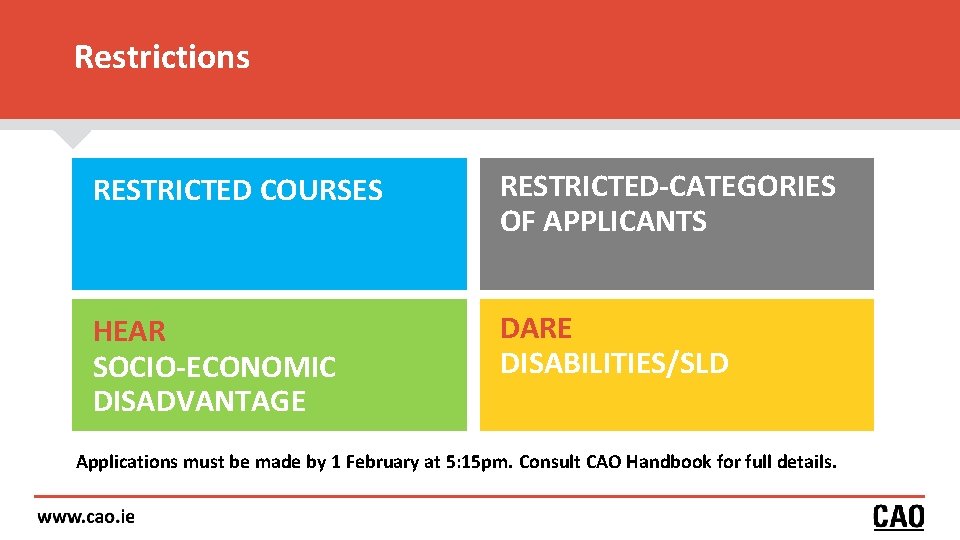 Restrictions RESTRICTED COURSES RESTRICTED-CATEGORIES OF APPLICANTS HEAR SOCIO-ECONOMIC DISADVANTAGE DARE DISABILITIES/SLD Applications must be