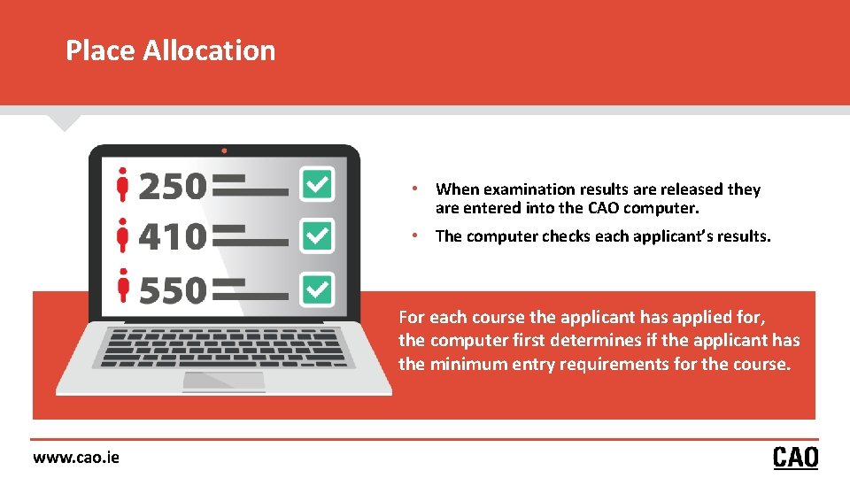 Place Allocation • When examination results are released they are entered into the CAO
