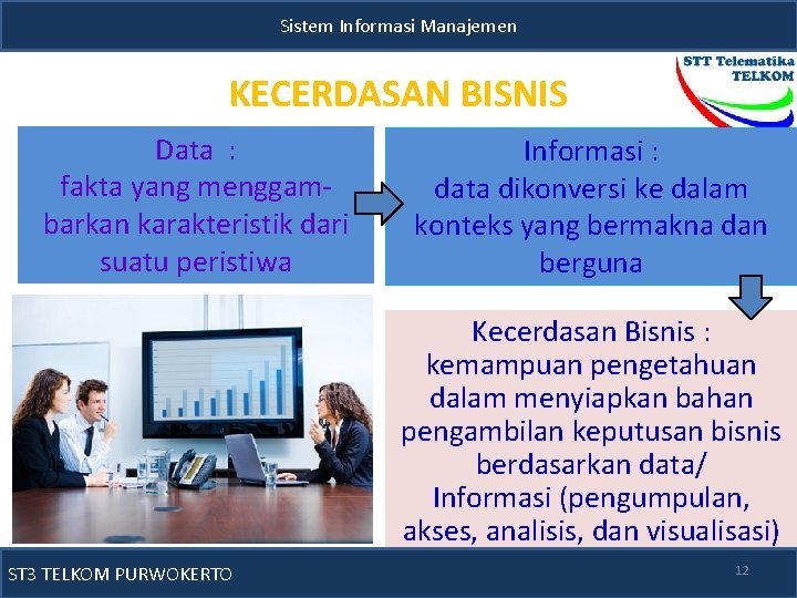 Sistem Informasi Manajemen KECERDASAN BISNIS Data : fakta yang menggambarkan karakteristik dari suatu peristiwa