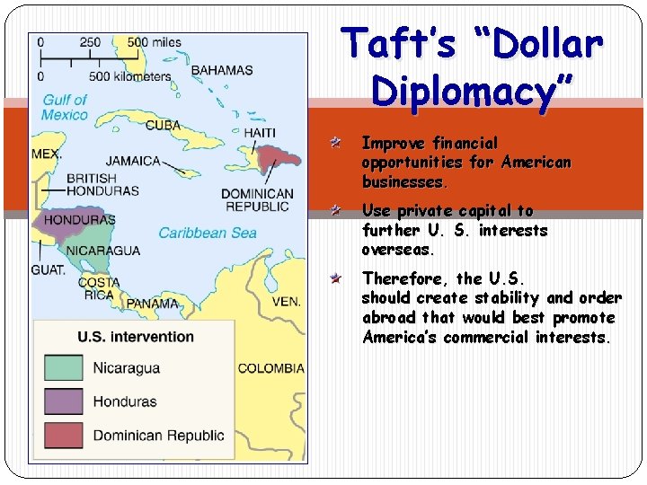 Taft’s “Dollar Diplomacy” Improve financial opportunities for American businesses. Use private capital to further