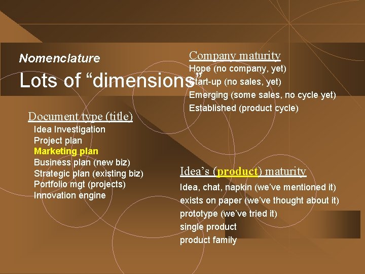 Nomenclature Company maturity Hope (no company, yet) Start-up (no sales, yet) Emerging (some sales,