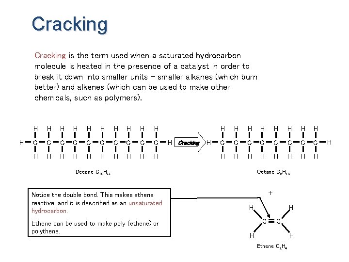 Cracking is the term used when a saturated hydrocarbon molecule is heated in the