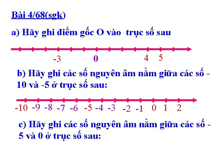 Bài 4/68(sgk) a) Hãy ghi điểm gốc O vào trục số sau 4 5 Bài 4/68(sgk) a) Hãy ghi điểm gốc O vào trục số sau 4 5