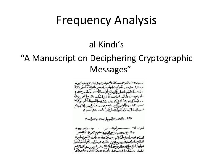 Frequency Analysis al-Kindı’s “A Manuscript on Deciphering Cryptographic Messages” 
