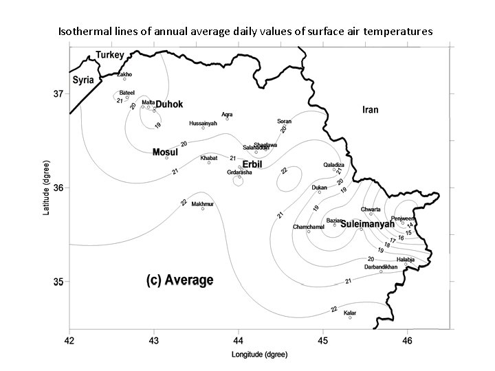 Isothermal lines of annual average daily values of surface air temperatures 