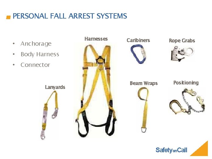 PERSONAL FALL ARREST SYSTEMS • Anchorage Harnesses Caribiners Rope Grabs • Body Harness •