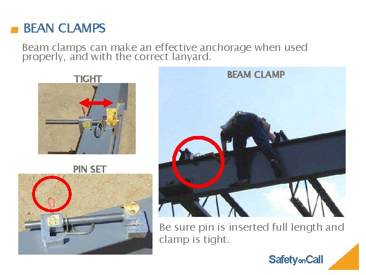BEAN CLAMPS Beam clamps can make an effective anchorage when used properly, and with