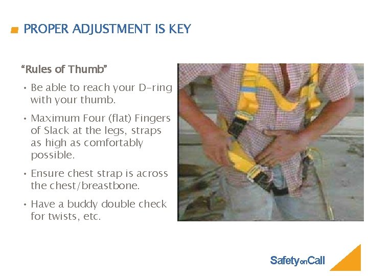 PROPER ADJUSTMENT IS KEY “Rules of Thumb” • Be able to reach your D-ring