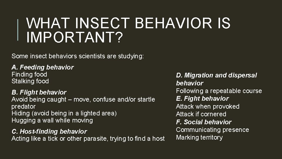 WHAT INSECT BEHAVIOR IS IMPORTANT? Some insect behaviors scientists are studying: A. Feeding behavior