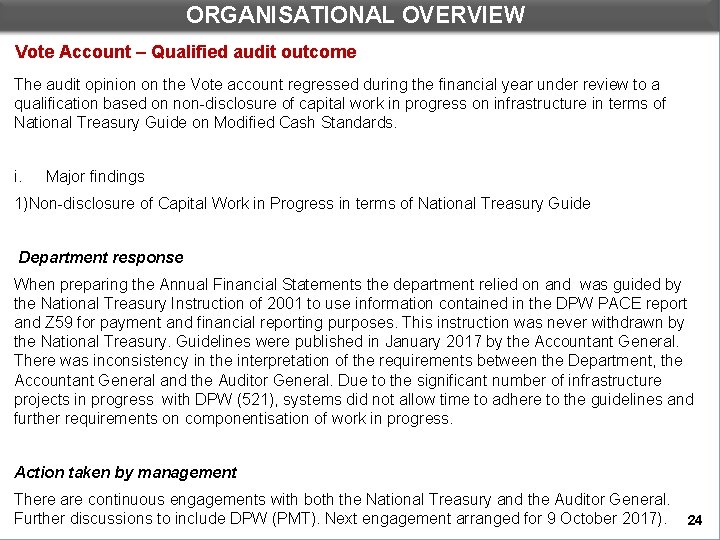ORGANISATIONAL OVERVIEW Vote Account – Qualified audit outcome The audit opinion on the Vote